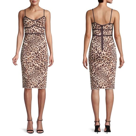 BCBGMAXAZRIA Sleeveless Leopard-Print Sheath Bodycon Dress Brown Tan XXS - Picture 3 of 4